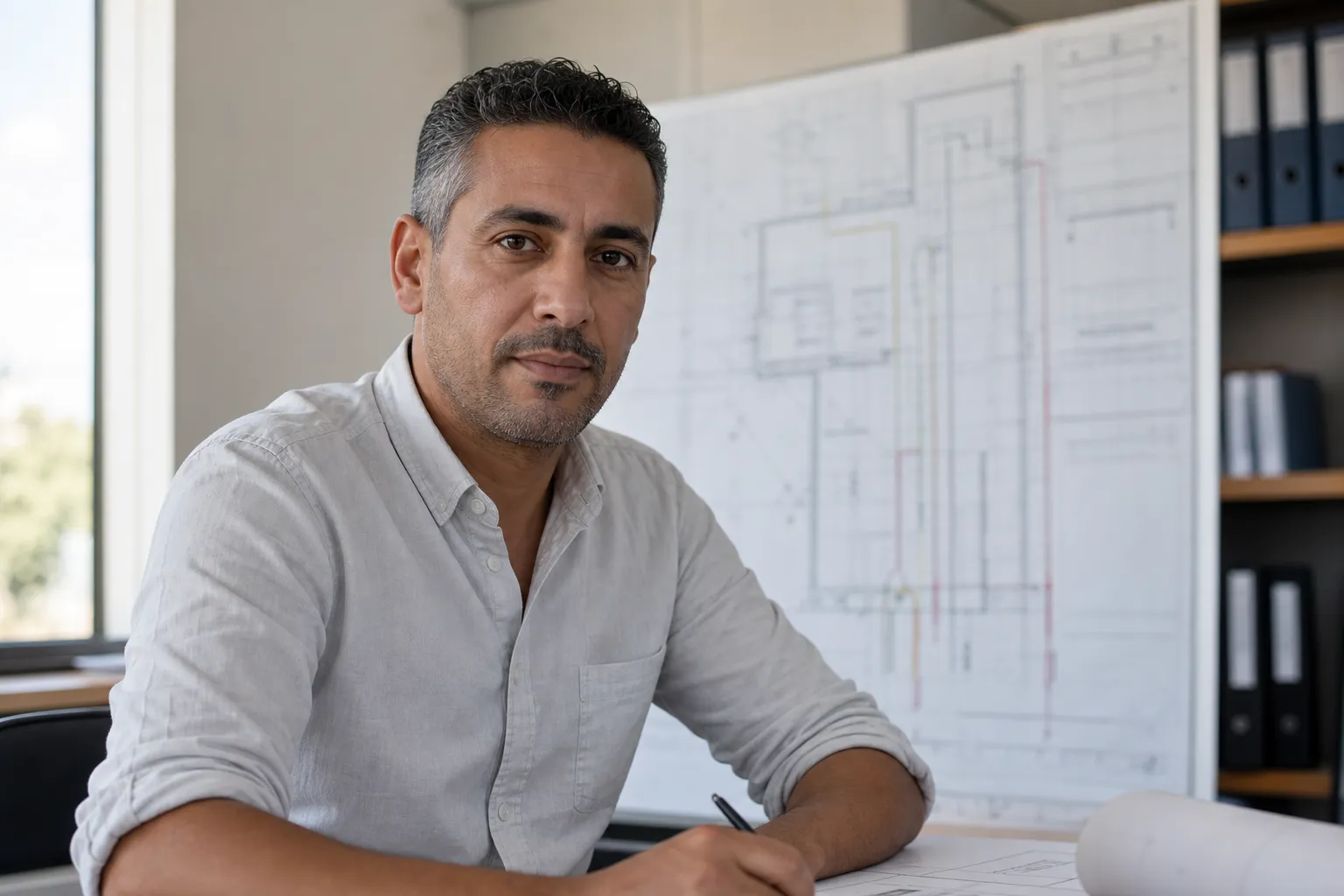 Karim, référent démarches administratives, devant un plan de raccordement