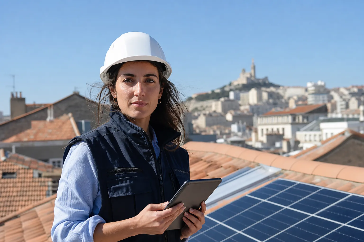 Nora, chargée d'études solaires, sur une toiture en tuile provençale